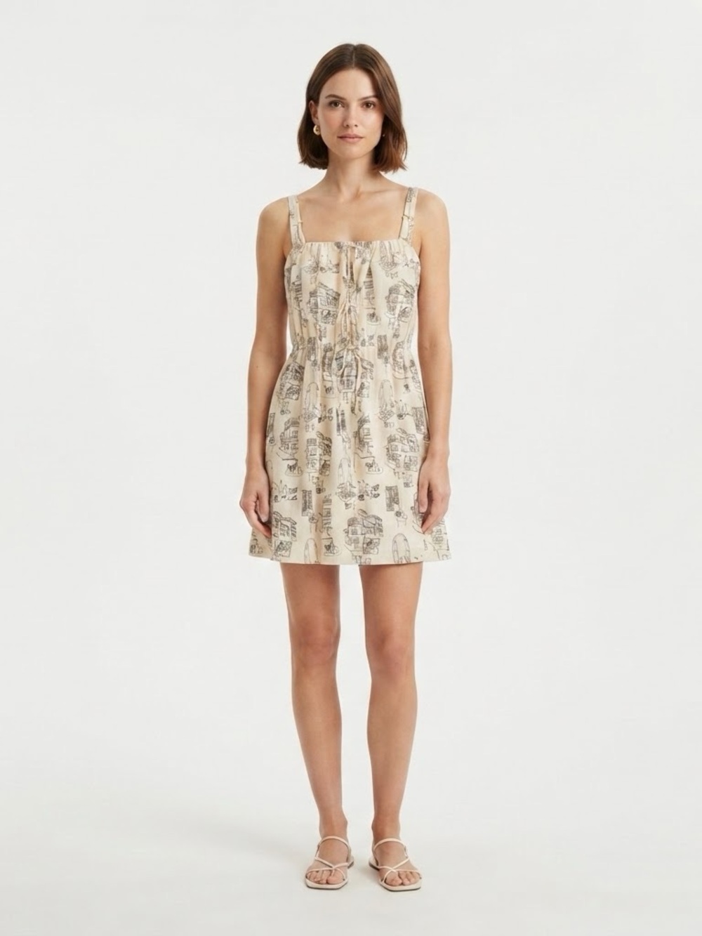 Abercrombie & Fitch Small Cream Novelty Bistro Graphic Print Mini Dress Ruched S